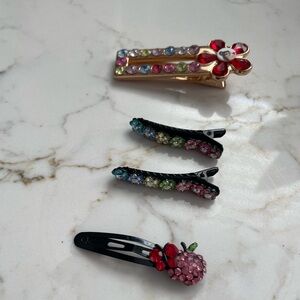 4 Colorful Gemstone Hair Clips: 1 Belle, 2 with flowers, 1 with apple/butterfly